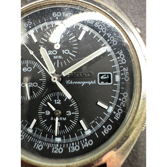 Vtg Seiko Panda Chronograph Quartz 7T32 7C60 Black Dial Watch Stainless Steel WR main image 7